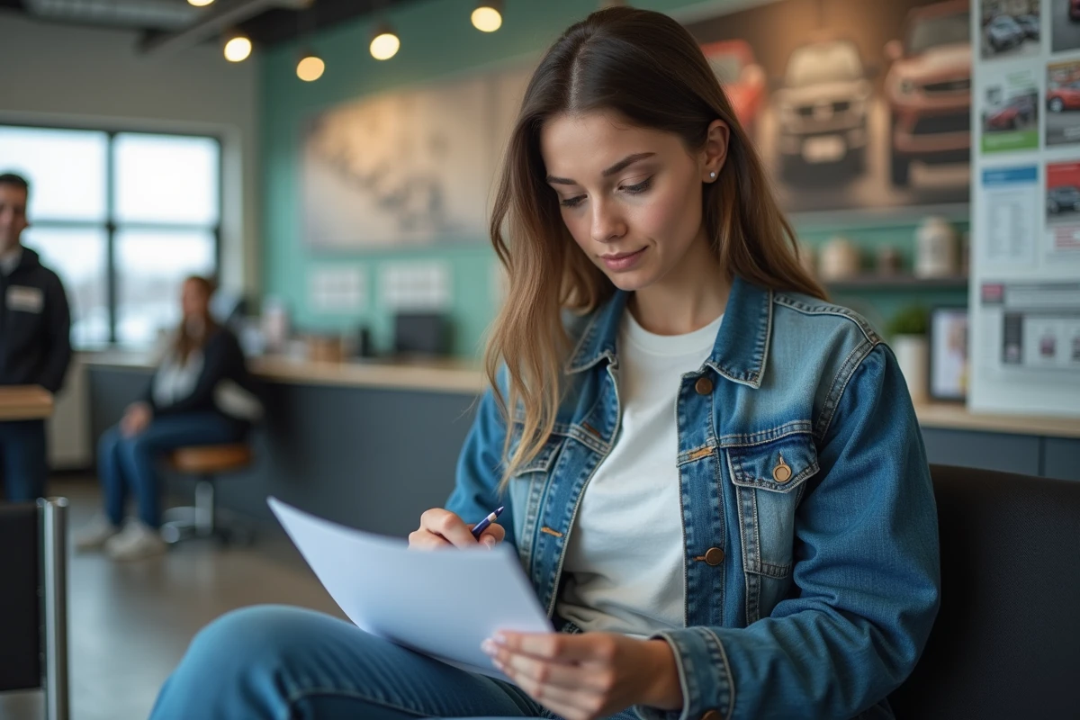 Jeune femme assise dans la salle d attente du centre auto