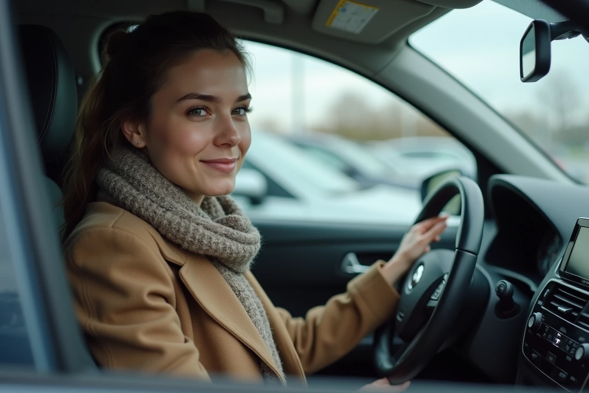 Jeune femme souriante dans une voiture en concession