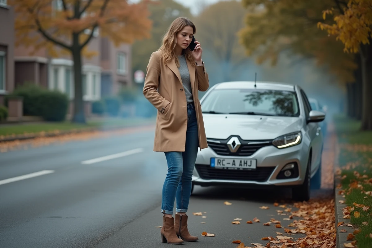 Femme regardant sa voiture avec fumée sur la route