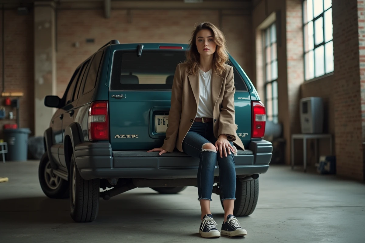 Jeune femme dans un garage industriel avec une Aztek