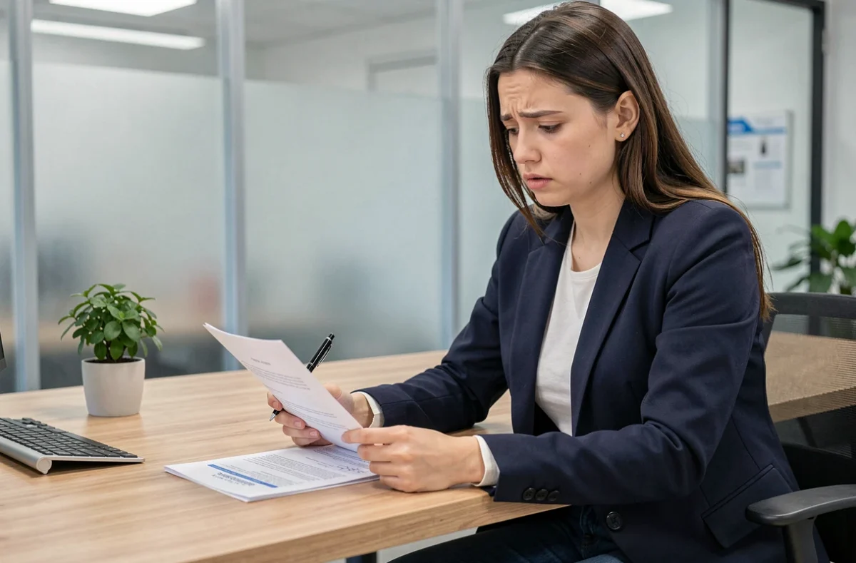 Jeune femme stressée consultant des documents officiels dans un bureau d'assurance automobile