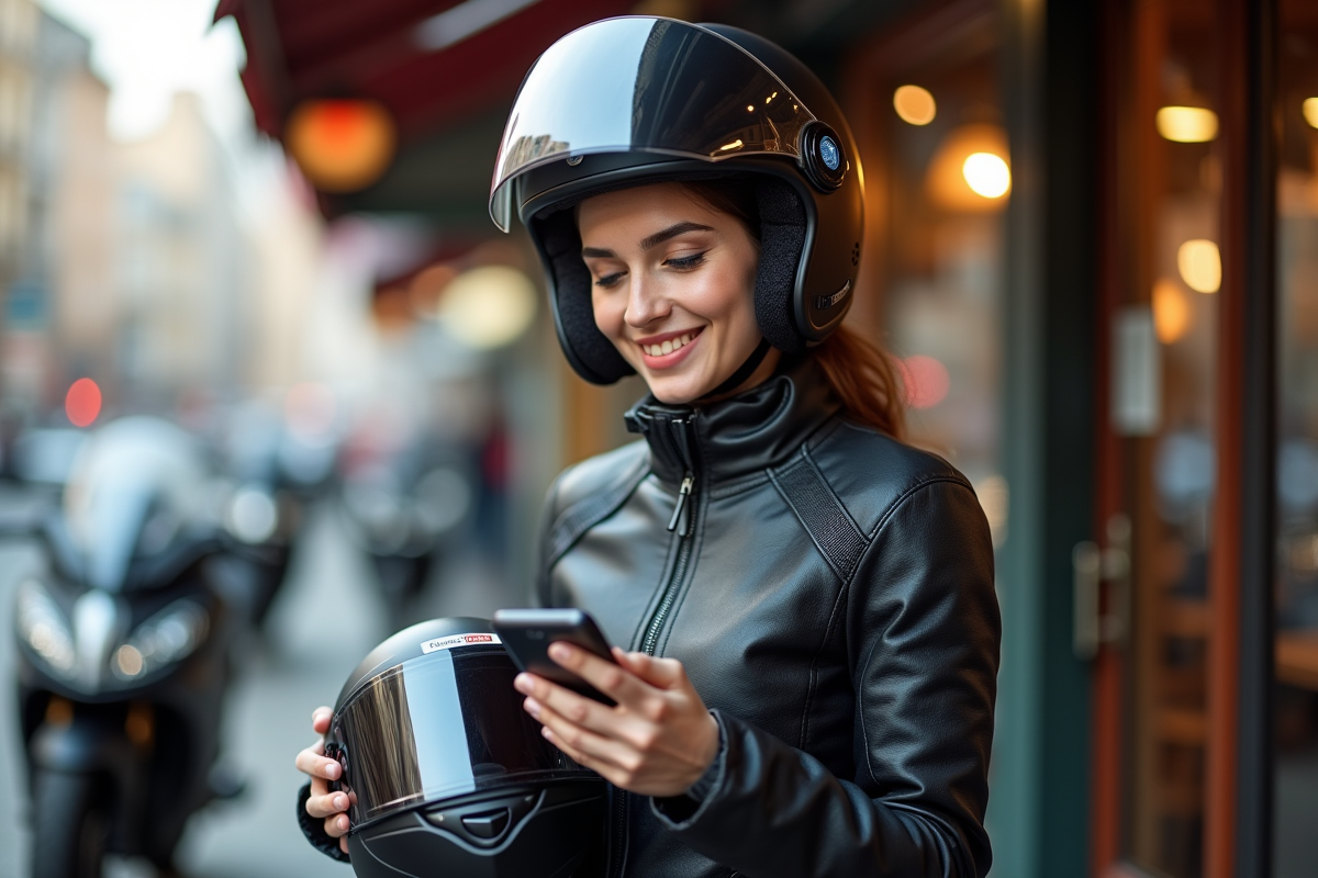Femme avec casque ouvert et smartphone devant un café urbain