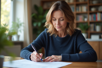 Femme concentrée remplissant un formulaire de changement d'adresse