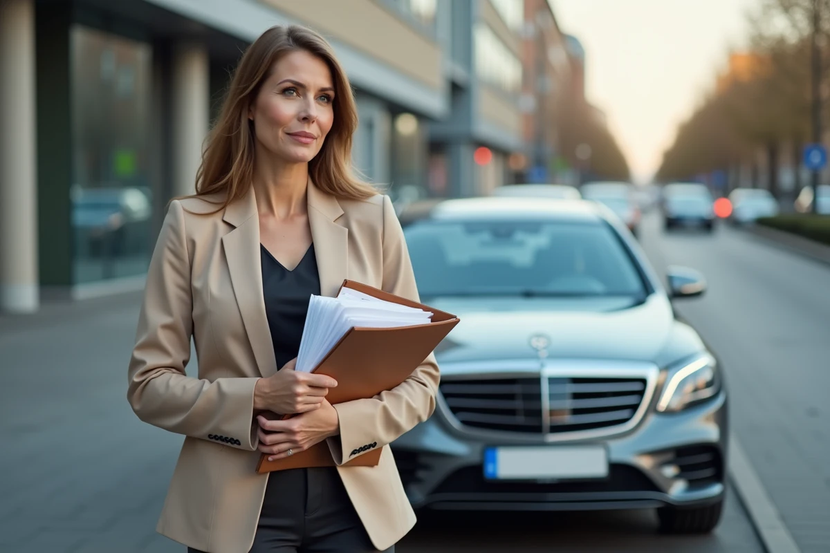 Femme chauffeur VTC debout près d'une voiture professionnelle tenant un dossier de justificatifs pour une demande par équivalence