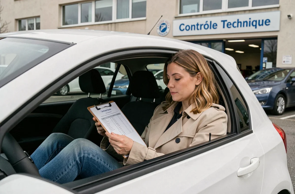 Femme préparant son checklist avant le contrôle technique de sa voiture