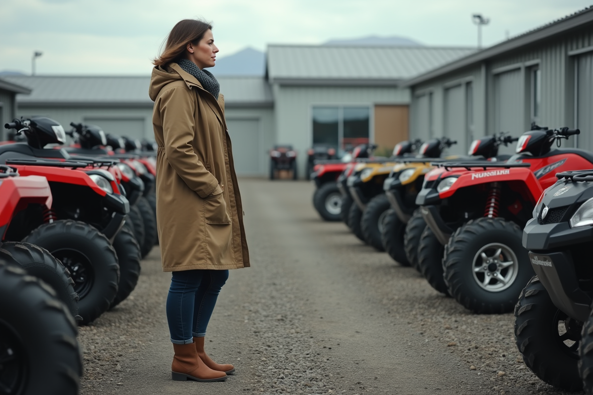 Femme examine différents quads en concession
