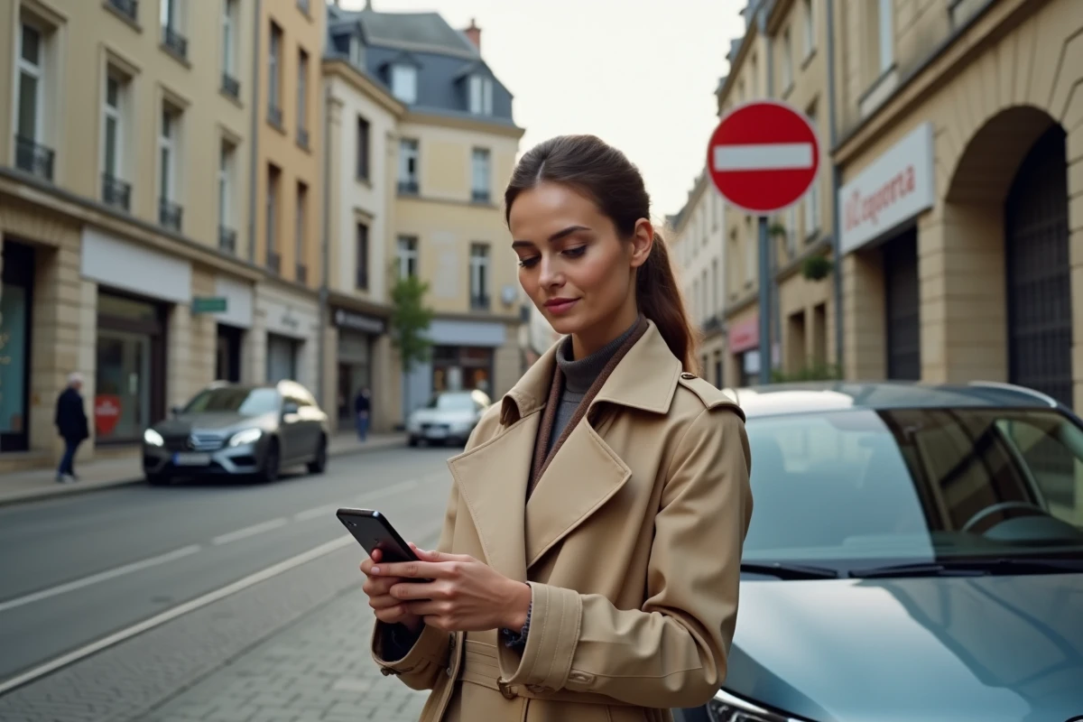 Femme consultant la commande de vignette Crit'Air sur son smartphone devant sa voiture garée dans le centre-ville de Rennes