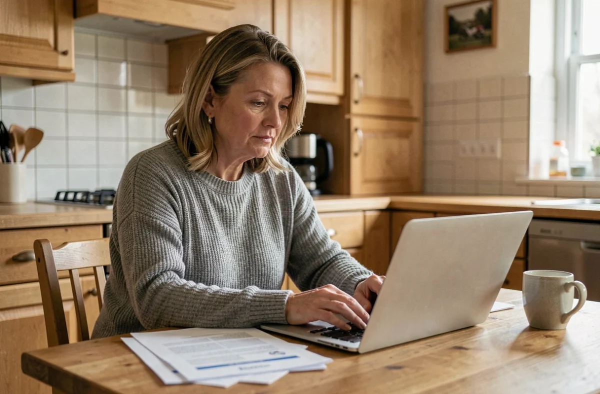 Femme comparant des devis d'assurance moto sur ordinateur portable à la maison