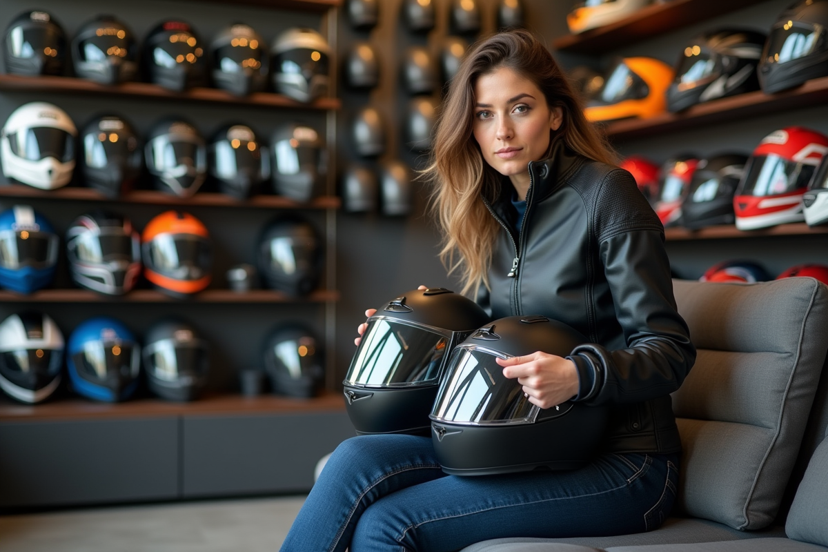 Femme compare deux casques moto en magasin