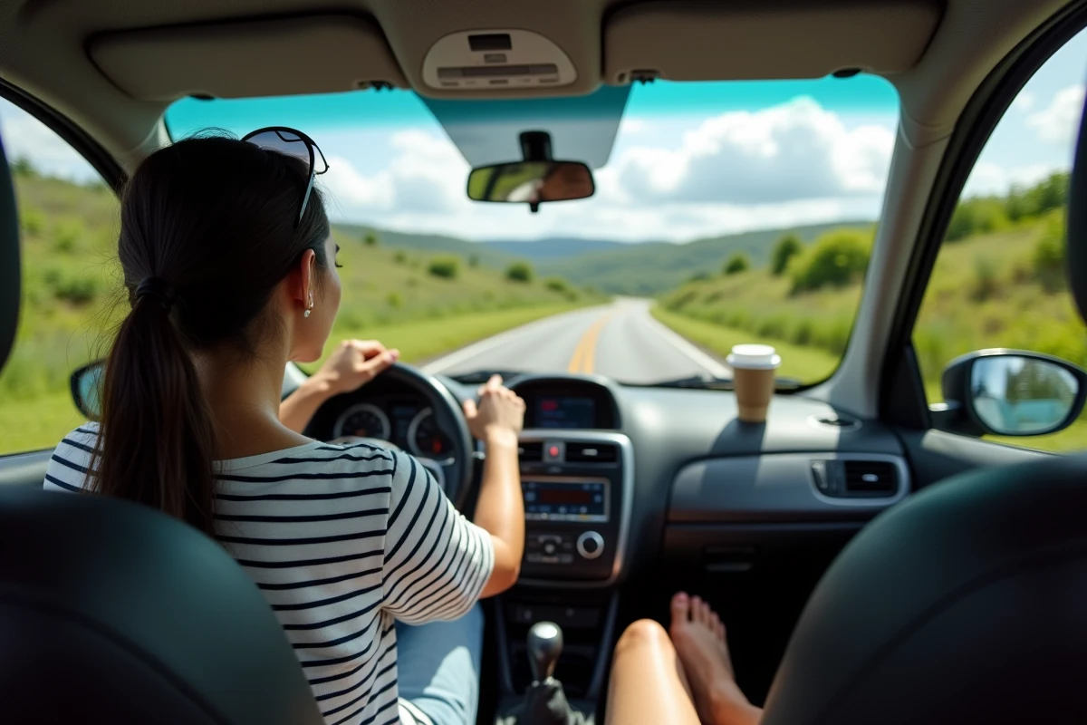 Femme conduisant seule une voiture de location sur une route sinueuse de la campagne française lors d'un road trip