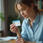 Femme consultant sa date de délivrance sur son permis de conduire pour remplir un formulaire d'inscription