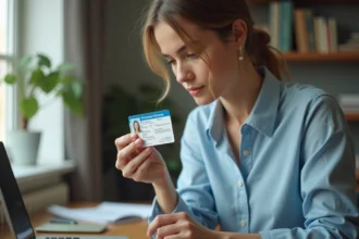 Femme consultant sa date de délivrance sur son permis de conduire pour remplir un formulaire d'inscription