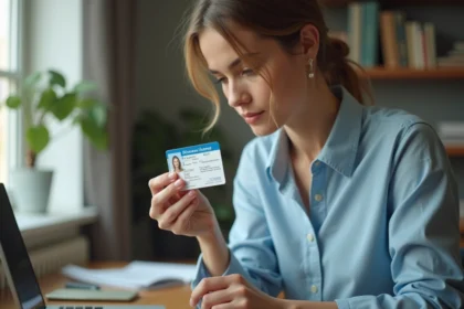 Femme consultant sa date de délivrance sur son permis de conduire pour remplir un formulaire d'inscription