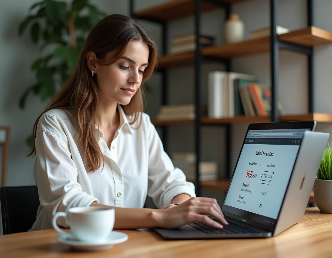 Femme utilisant un convertisseur miles en kilomètres par heure sur un ordinateur portable dans un bureau à domicile