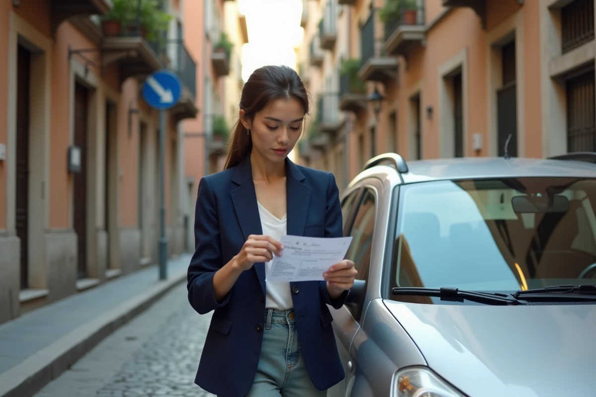 Femme découvrant un avis d'infraction sur le pare-brise de sa voiture dans une rue pavée en Italie