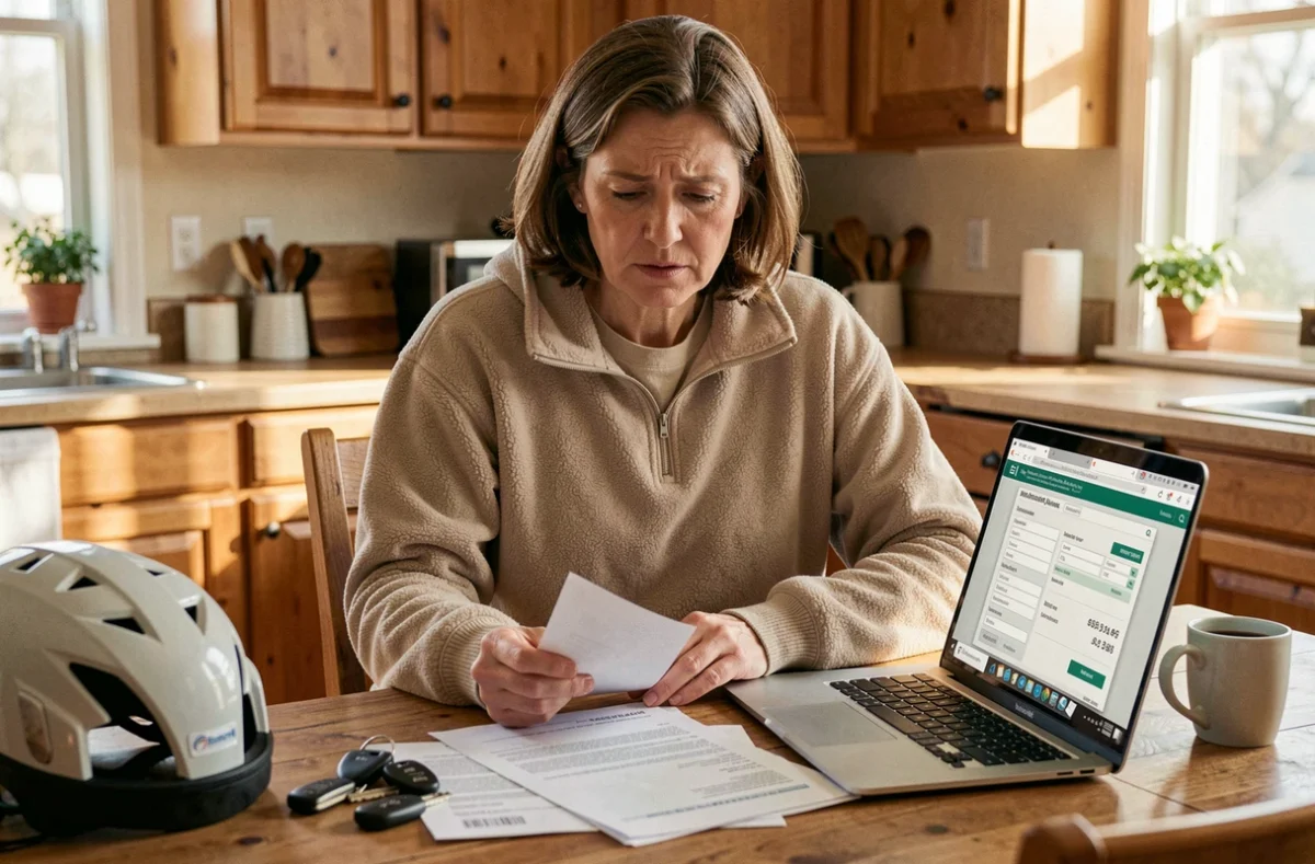 Femme consultant des documents d'assurance pour un quad à la maison avec un casque sur la table