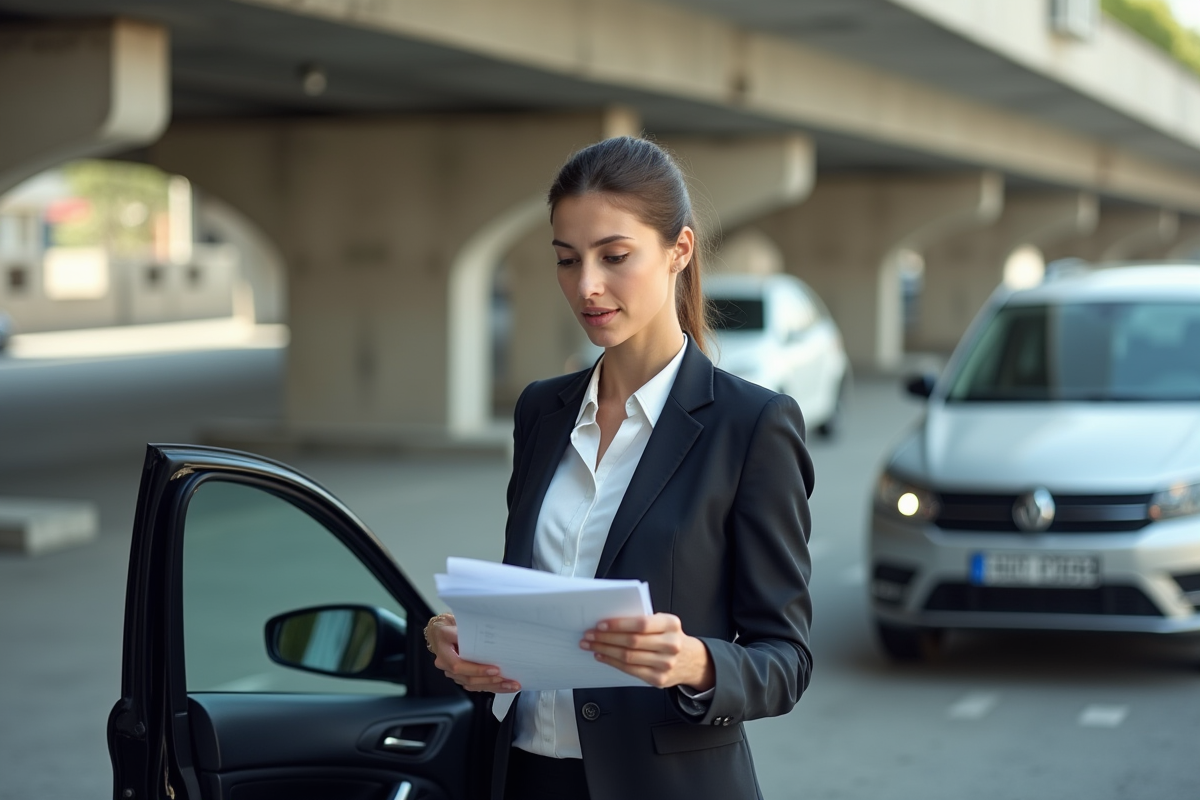 Jeune femme vérifiant des documents de vente automobile dans un parking