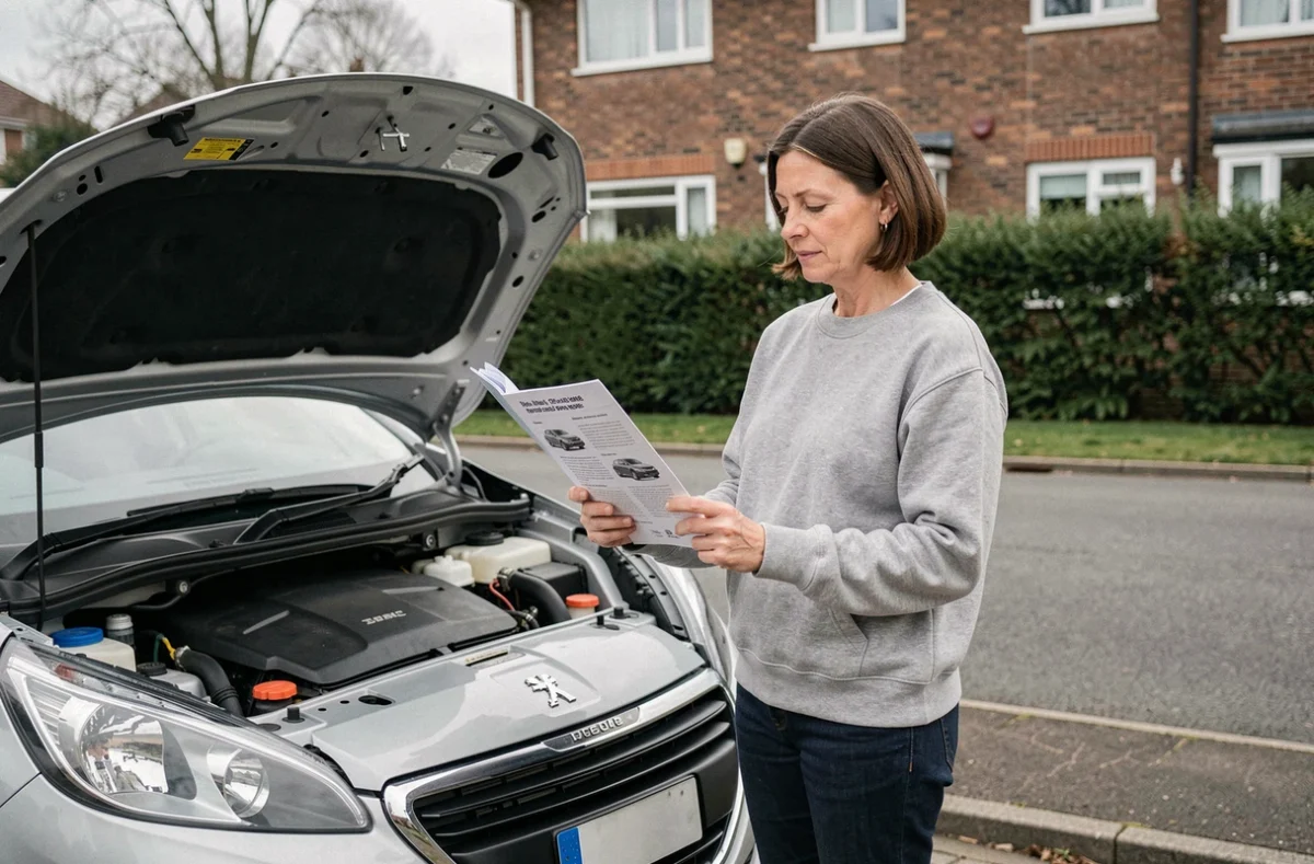 Femme consultant le carnet d'entretien d'une Peugeot 208 essence pour vérifier la norme d'huile PSA