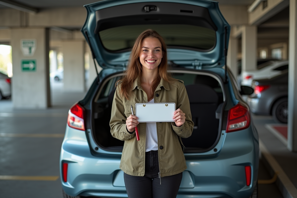 Femme souriante installant une plaque dans un parking