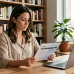 Femme lisant un contrat d'assurance voiture à son bureau à domicile avant de souscrire chez Eurofil