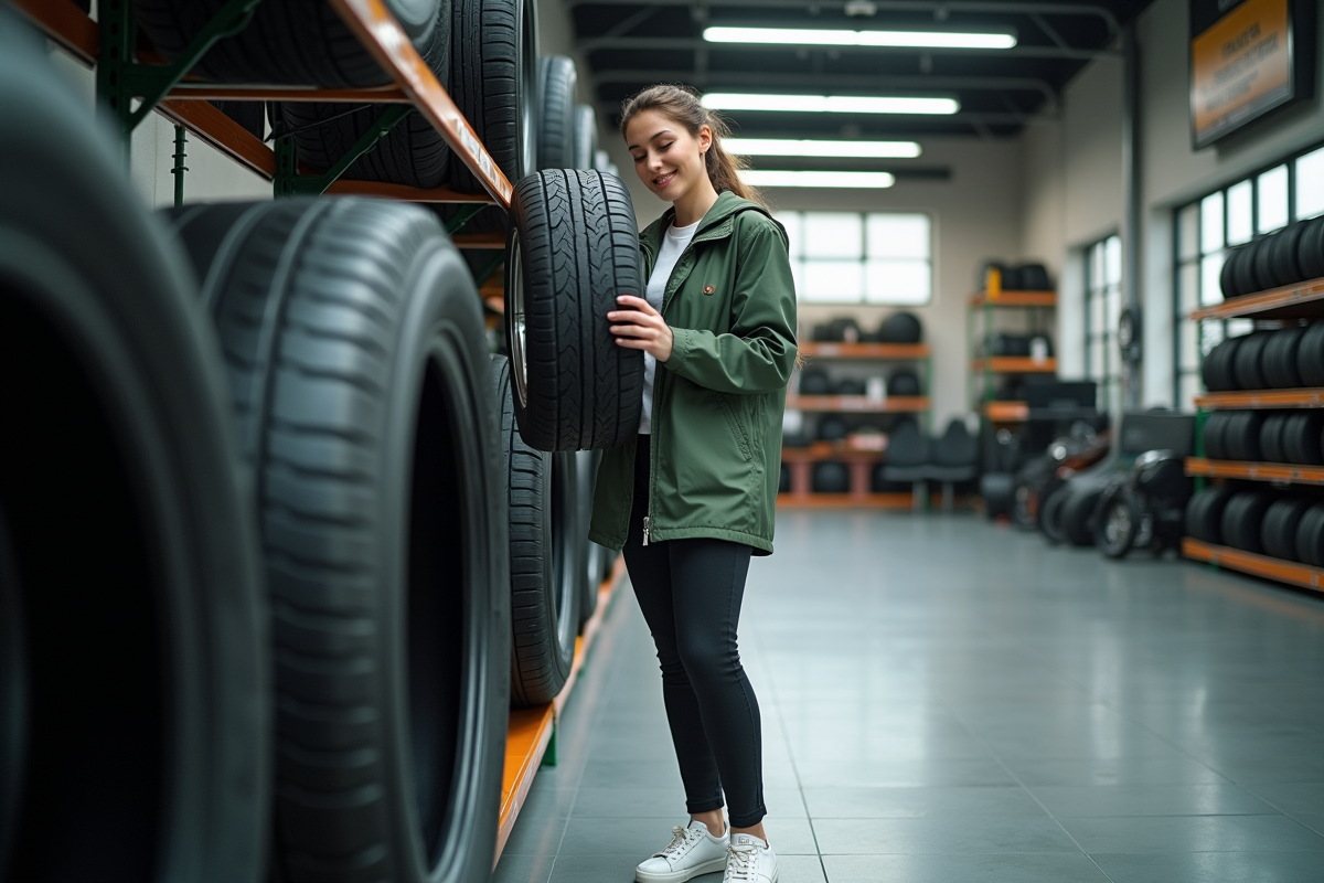 Jeune femme lisant une étiquette de pneu dans un magasin de pneus