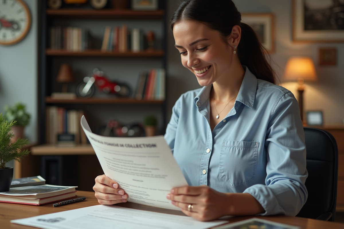 Femme lisant un certificat de collection dans un bureau