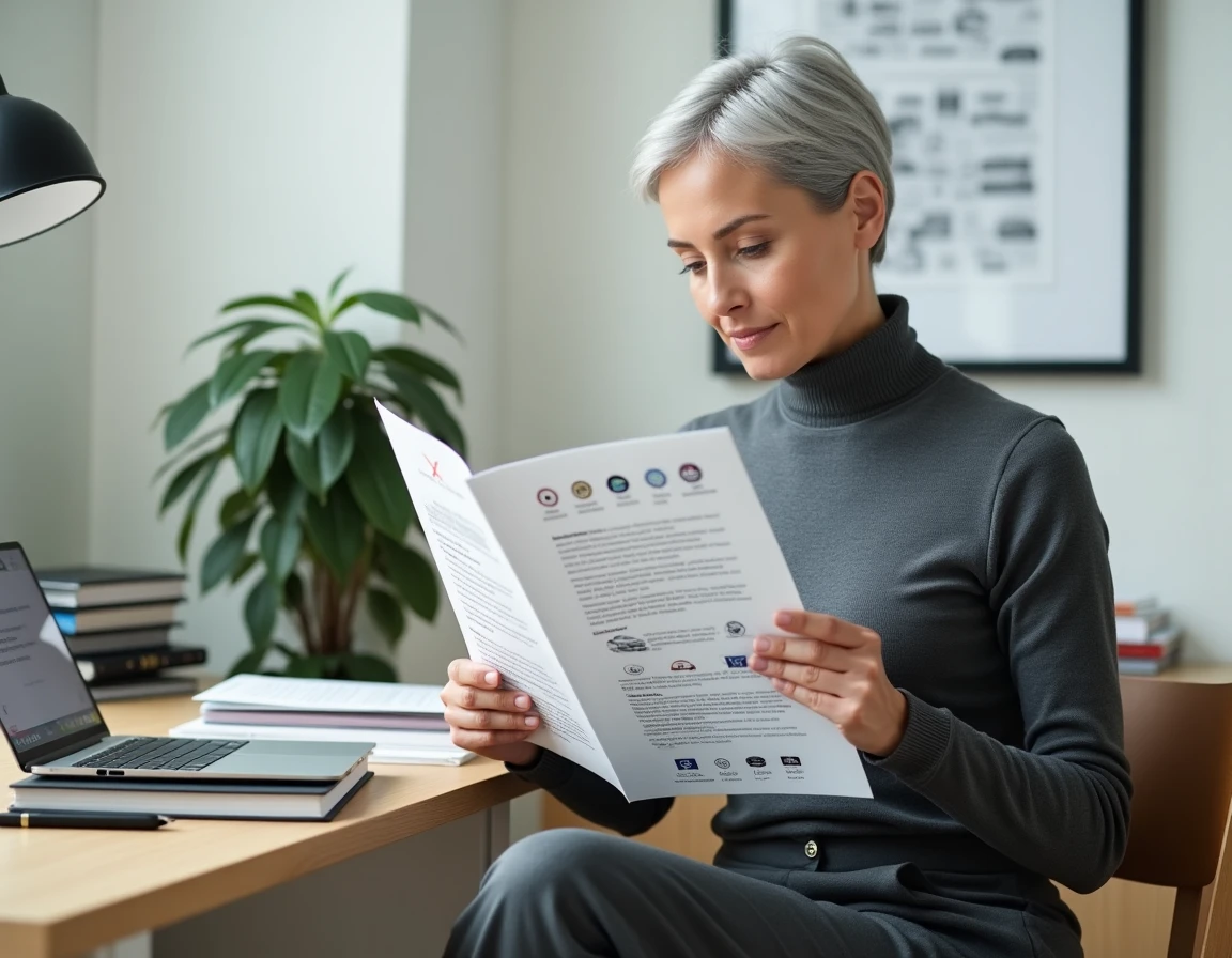 Femme consultant un lexique pratique des marques automobiles commençant par X à son bureau
