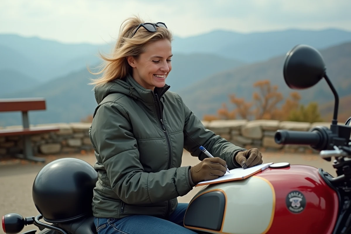 Femme vérifiant la moto Honda CB750 en panorama