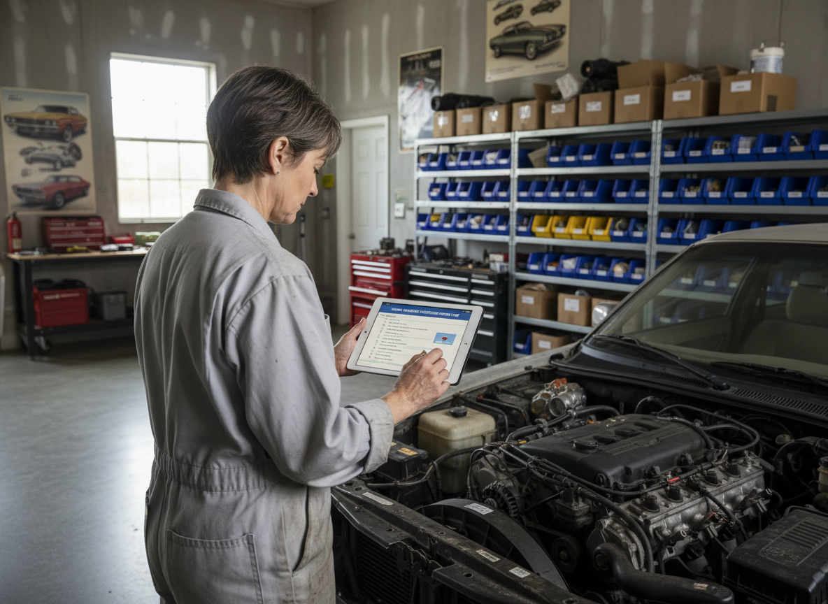 Femme mécanicienne en test en ligne dans un garage