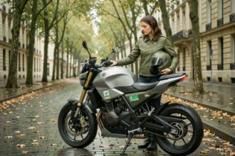 Femme en veste moto verte tenant un casque à côté d'une moto électrique garée sur un boulevard parisien en automne, illustrant l'assurance moto écologique
