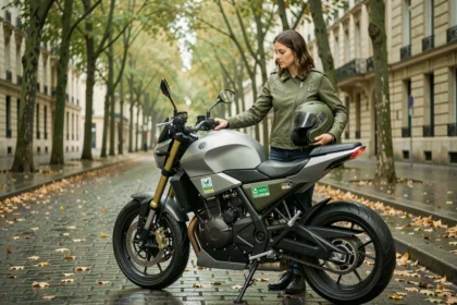 Femme en veste moto verte tenant un casque à côté d'une moto électrique garée sur un boulevard parisien en automne, illustrant l'assurance moto écologique