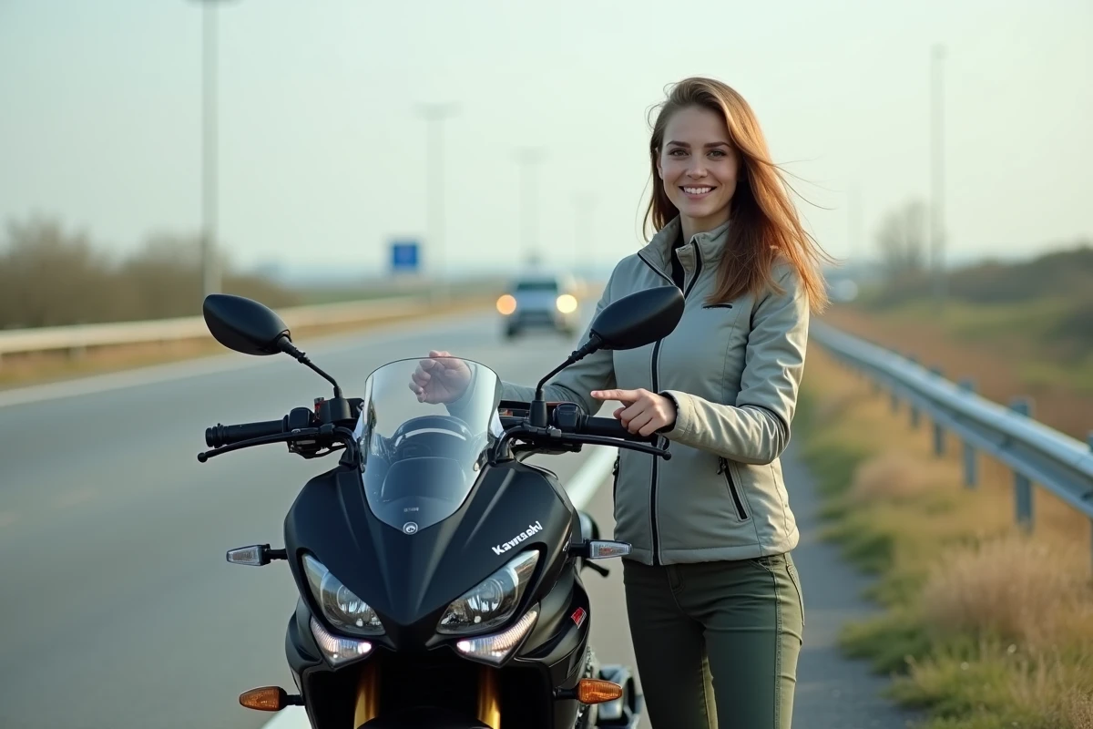 Femme souriante à côté de sa Kawasaki GTR sur l
