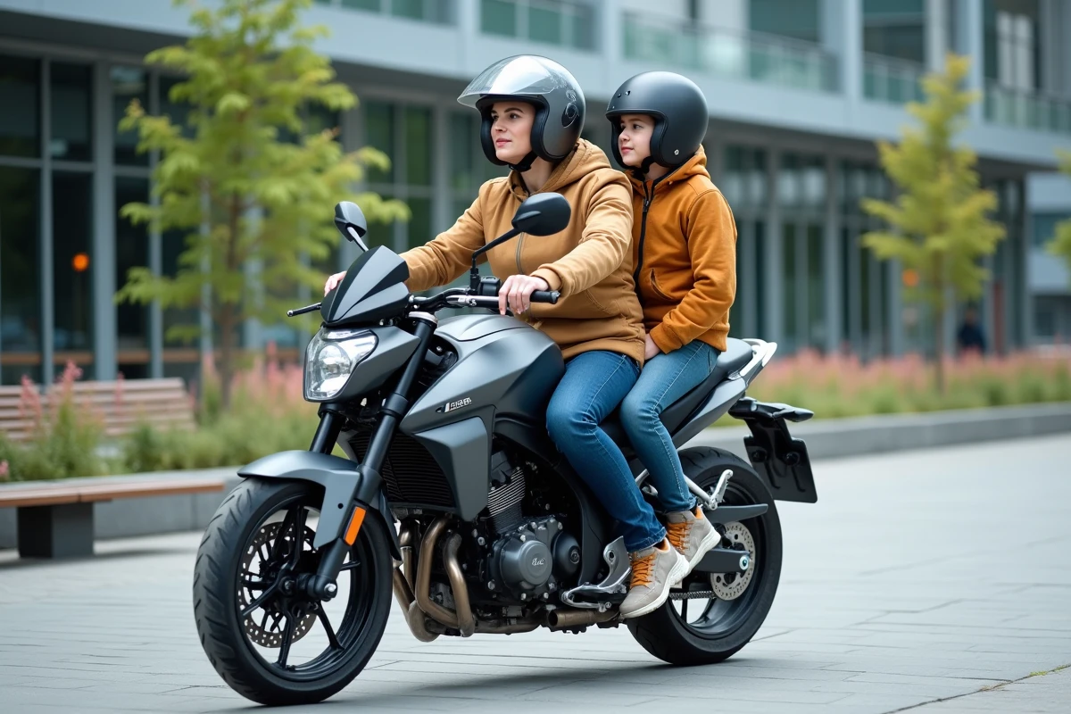 Femme sécurise son casque devant moto en ville