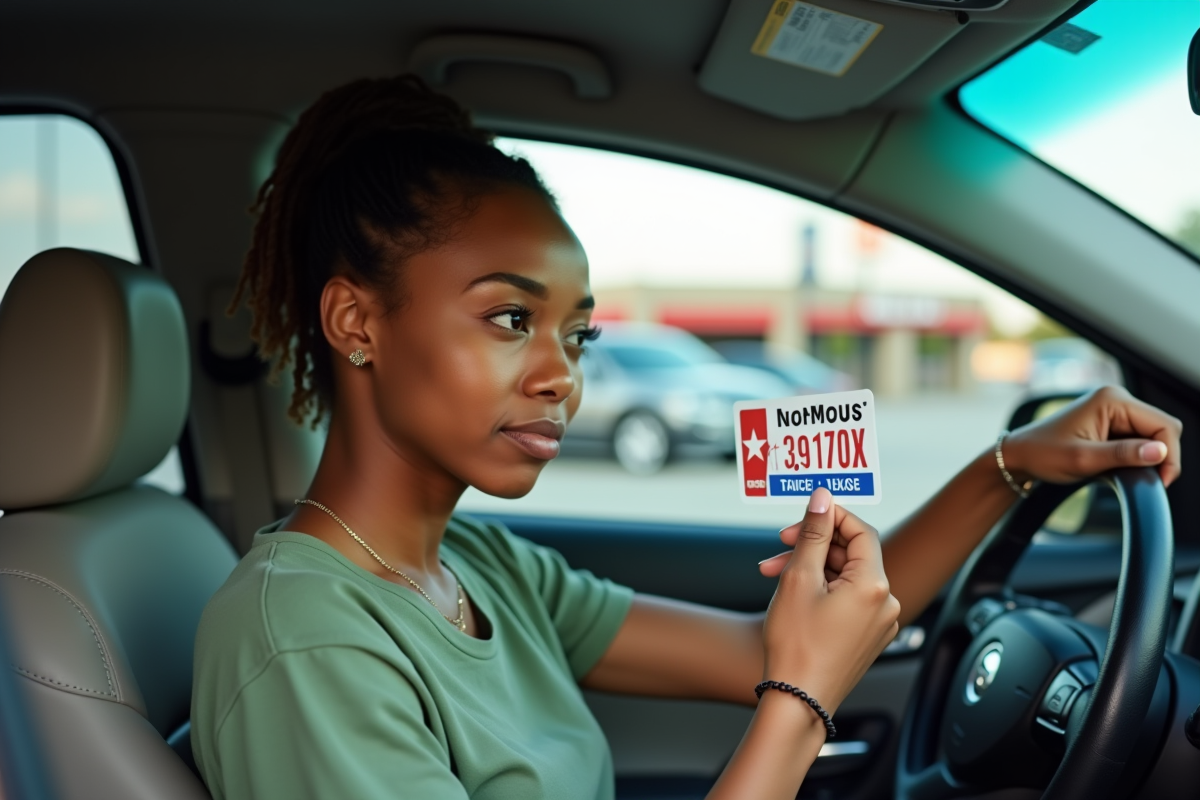 Jeune femme noire tenant son sticker de voiture Texas