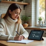 Femme assise à une table de cuisine en train de prendre des notes