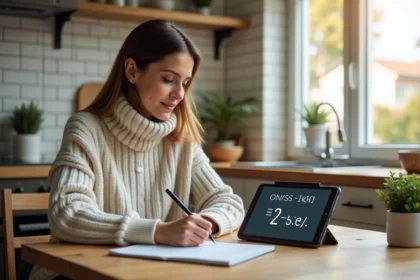 Femme assise à une table de cuisine en train de prendre des notes
