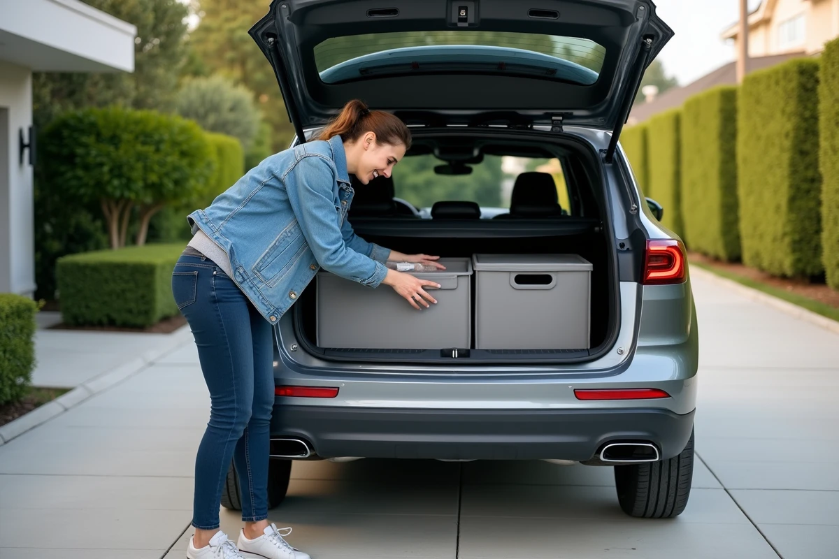 Femme dans un SUV organise des boîtes de rangement