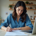 Femme remplissant papiers d'immatriculation voiture à la maison