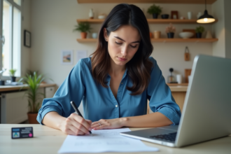 Femme remplissant papiers d'immatriculation voiture à la maison