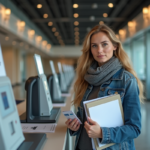 Femme avec dossier et carte d identité dans une mairie moderne