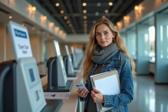 Femme avec dossier et carte d identité dans une mairie moderne