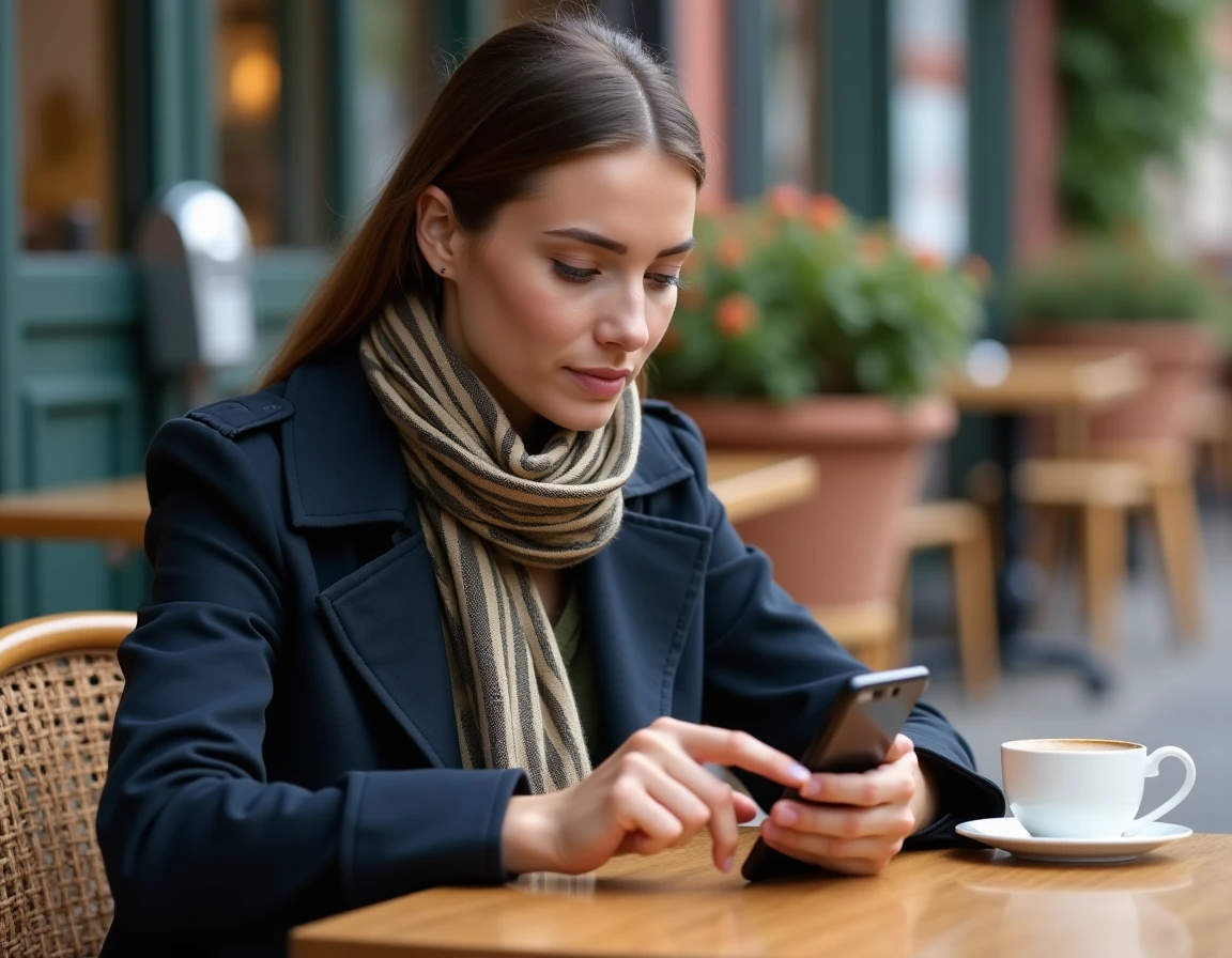Femme paramétrant Easy Park sur son téléphone attablée à une terrasse de café typique de Colmar avec parcmètre en arrière-plan