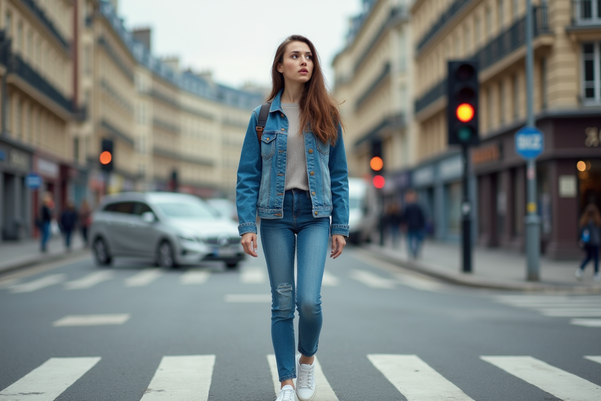 Jeune femme croisant la rue en marchant prudemment