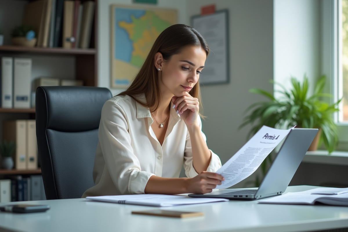 Femme réfléchie étudiant permis moto dans un bureau lumineux