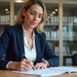 Femme française remplissant papiers d'immatriculation voiture