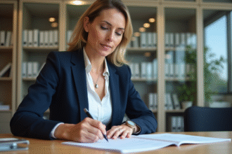 Femme française remplissant papiers d'immatriculation voiture