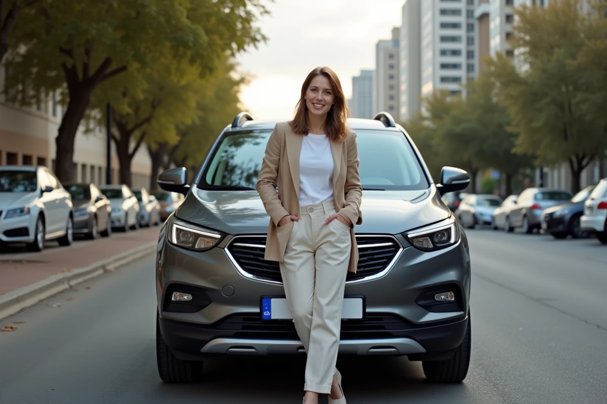 Propriétaire femme souriante devant sa voiture Aztek en ville