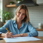 Femme souriante remplissant un formulaire de voiture à la maison