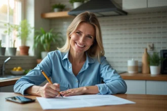 Femme souriante remplissant un formulaire de voiture à la maison