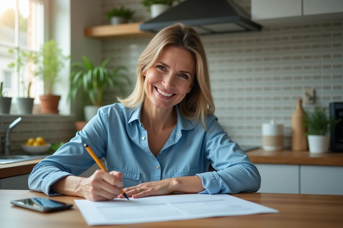 Femme souriante remplissant un formulaire de voiture à la maison